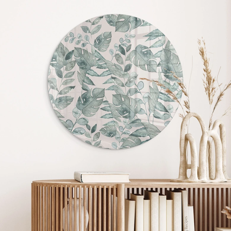 Glasbild Dschungelblätter Aquarell Creme - Bloomery Decor - Rund 