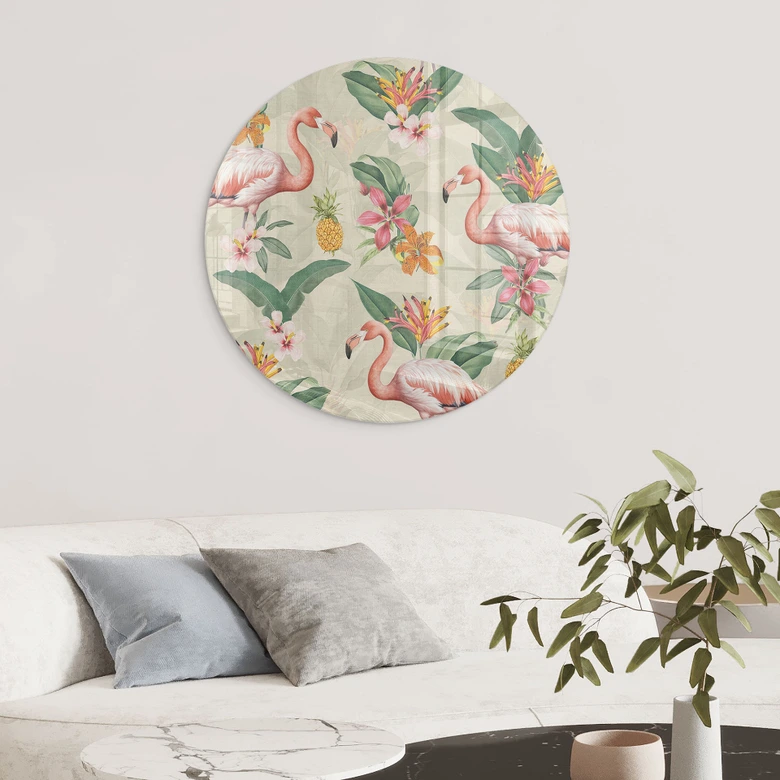Glasbild Flamingo und tropische Blätter | Exotik für das Wohnzimmer - Bloomery Decor - Rund 