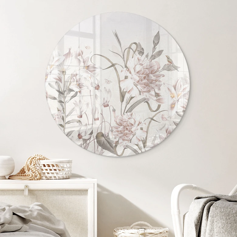 Tableau en verre Pré fleuri en rose clair - Bloomery Decor - Rond 