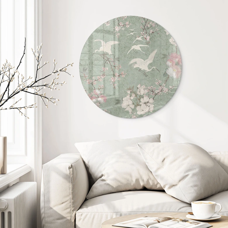 Glasbild Kraniche im Kirschblüten-Rausch Grün - Bloomery Decor - Rund 
