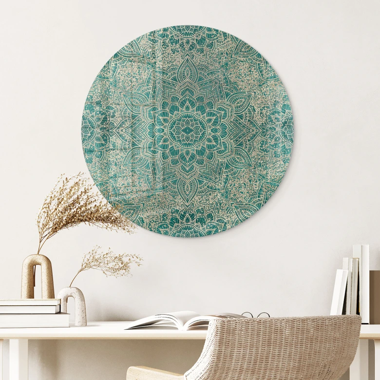 Glasbild Mandala Boho Gold-grün - Bloomery Decor - Rund 