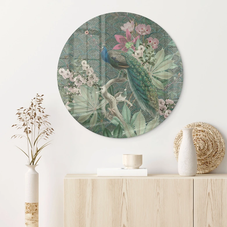 Glasbild Pfau im Tropengarten auf Mosaik - Bloomery Decor - Rund 