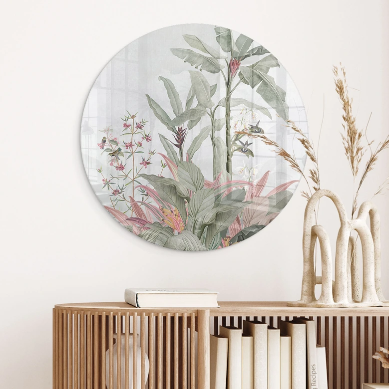 Glasbild Tropische Idylle mit Kolibri Blau - Bloomery Decor - Rund 