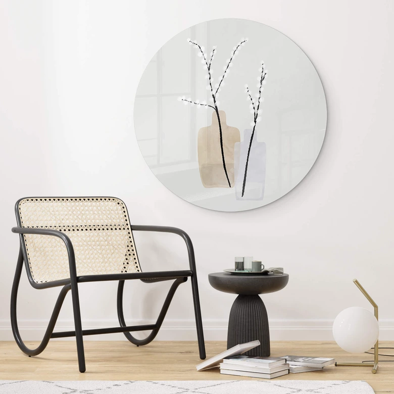 Glasbild Blursbyai - Zwei Vasen mit Weidenzweigen in Pastelltönen - Rund 