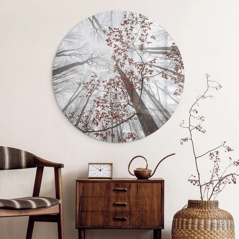 Glasbild Baumkronen mit roten Blättern - Rund - Coman 