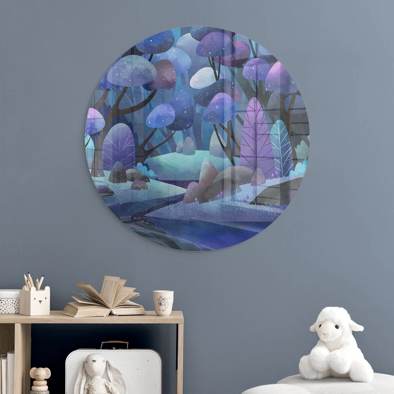 Glass Wall Art Enchanted Forest in Midnight Blue - DigitalArtsi - Round 
