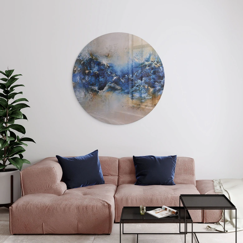 Glasbild Blau-goldene Interaktion - Fedrau - Rund 