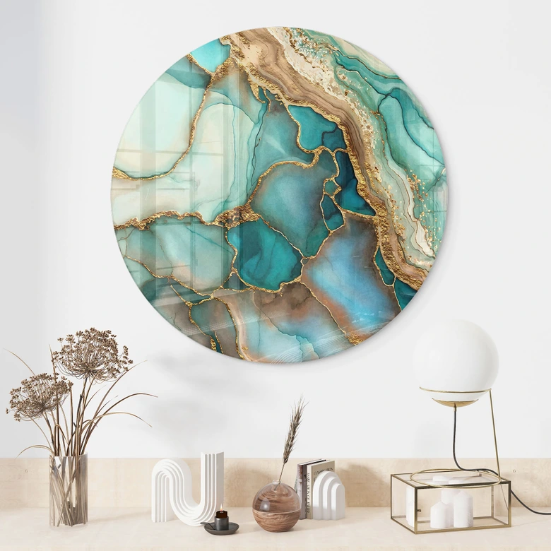 Glasbild Marmorierte Wellen in Türkis und Gold - Haase - Rund 