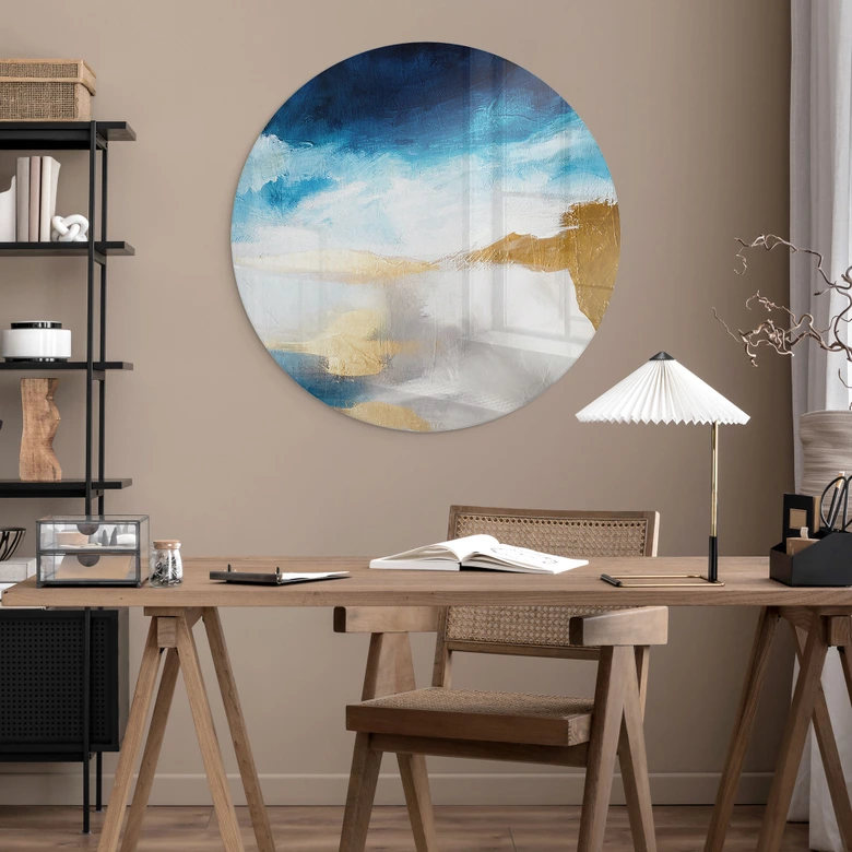 Glasbild Pinselstriche Blau und Gold - Rund - Haniff 