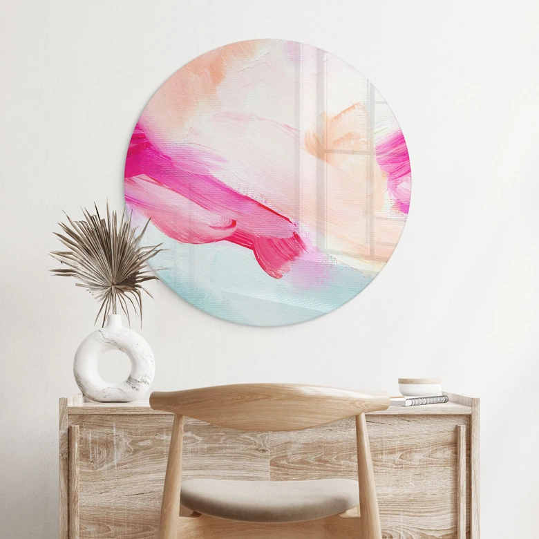 Glasbild Pinselstriche Pink und Türkis - Rund - Haniff 