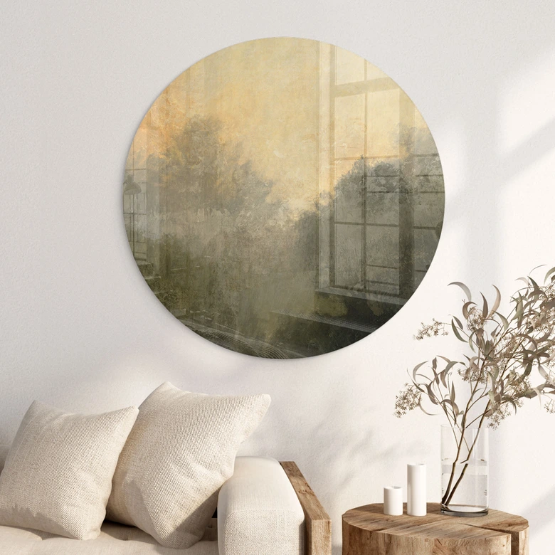 Glasbild Verborgenes Licht im Morgennebel - Hobday - Rund 