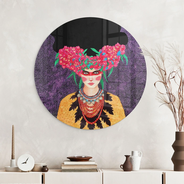 Glas billede Kvinde med blomsterkrans og stivelse - Hülya - Rund 