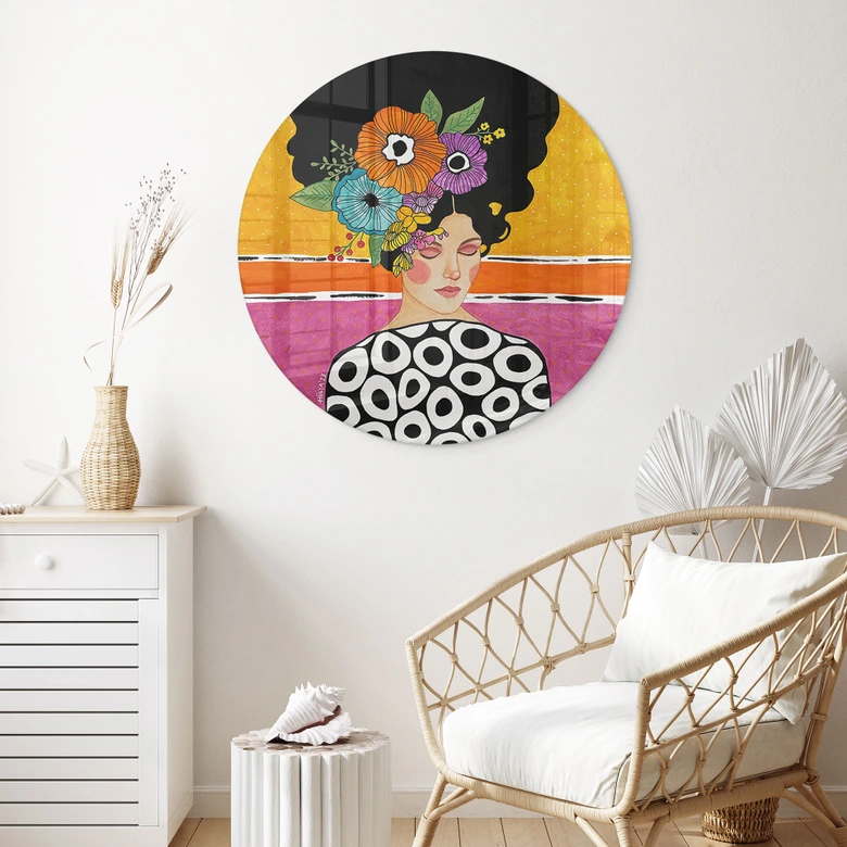 Glasbild Frau mit bunter Blumenkrone - Hülya - Rund 
