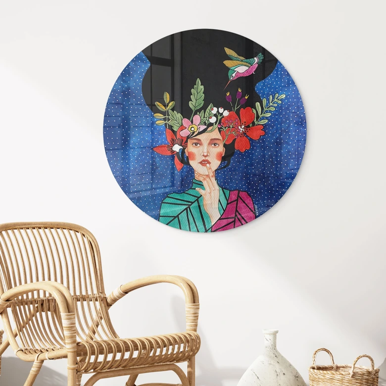 Glasbild Frau mit Kolibri in der Sternennacht - Hülya - Rund 