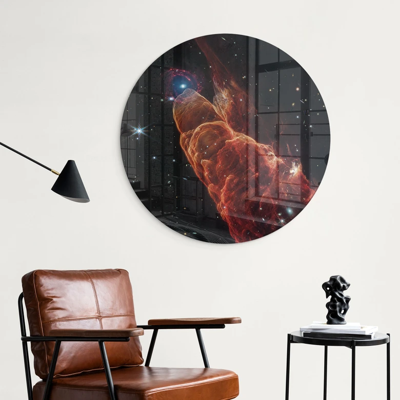 Glasbild James Webb Telescope - Kosmischer Wirbelsturm Herbig Haro 49/50 - Rund 