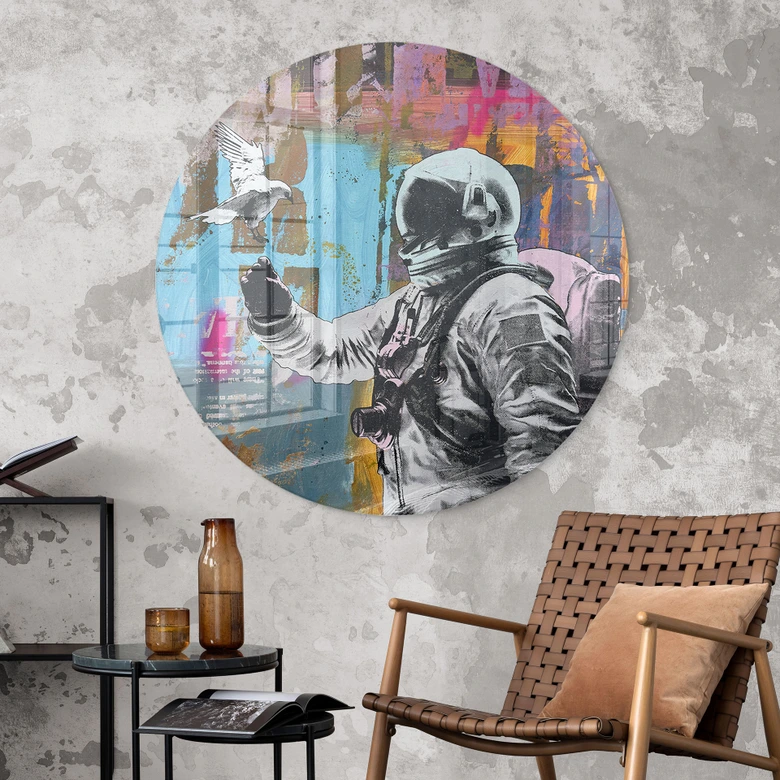 Glasbild Astronaut mit Taube - Kuryliuk - Rund 