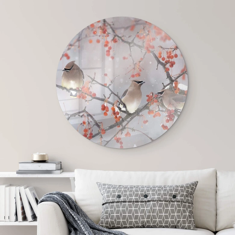 Glasbild Li - Drei Vögel in einer Winterlandschaft - Rund 