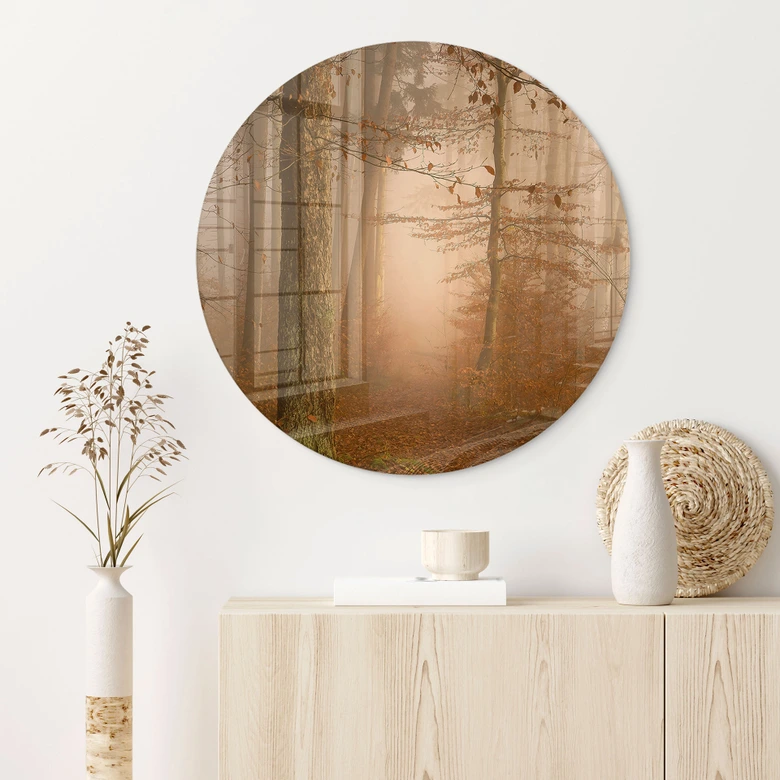 Glasbild Dunst und Licht im herbstlichen Wald - Maier - Rund 