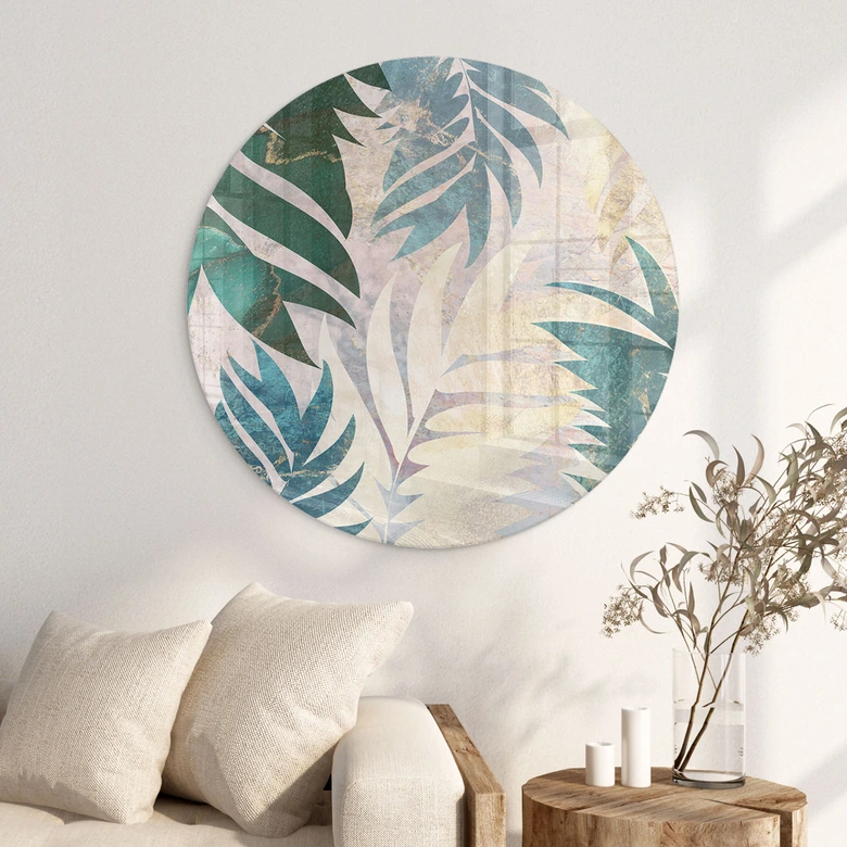 Glasbild Exotische Palmenblätter in Gold-grün - Manovski - Rund 
