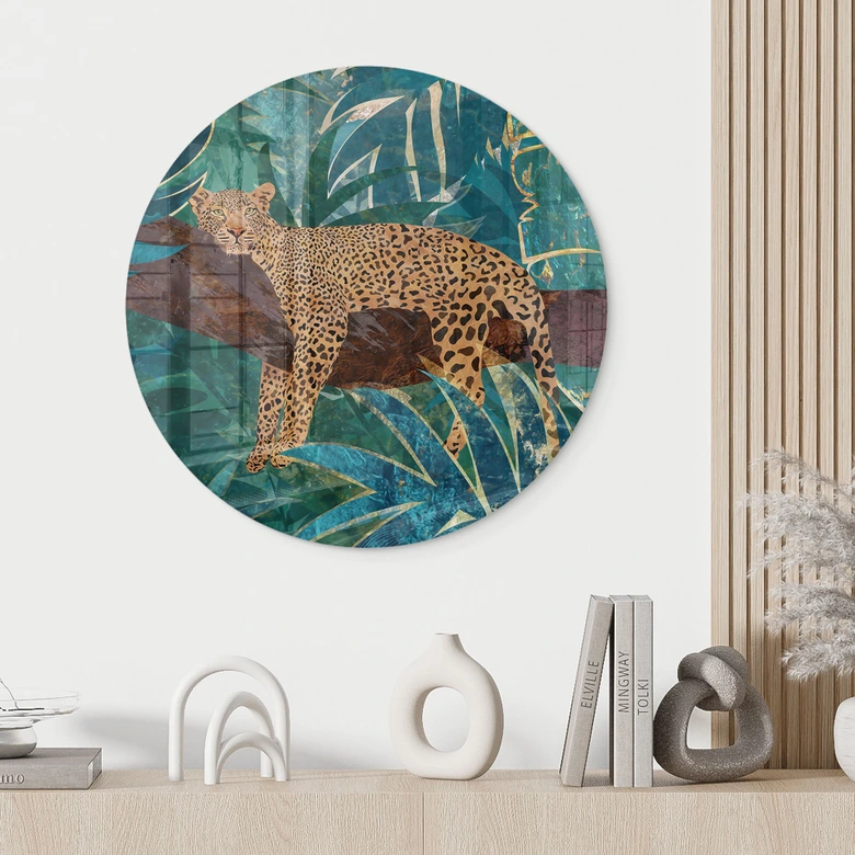 Glasbild Leopard im smaragdgrünen Dschungel - Manovski - Rund 