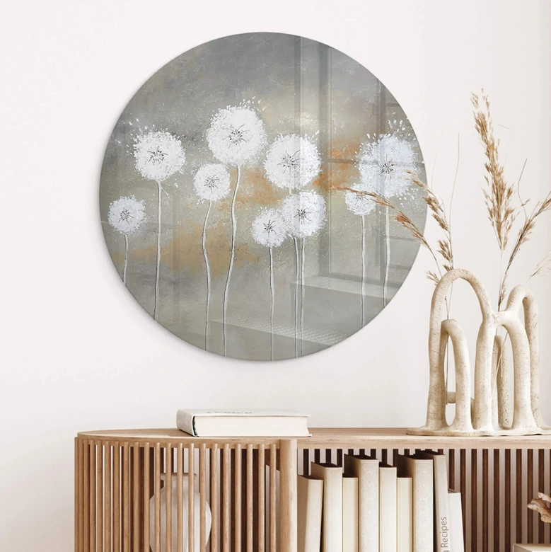 Glasbild Weiße Pusteblumen Rund - Melz 