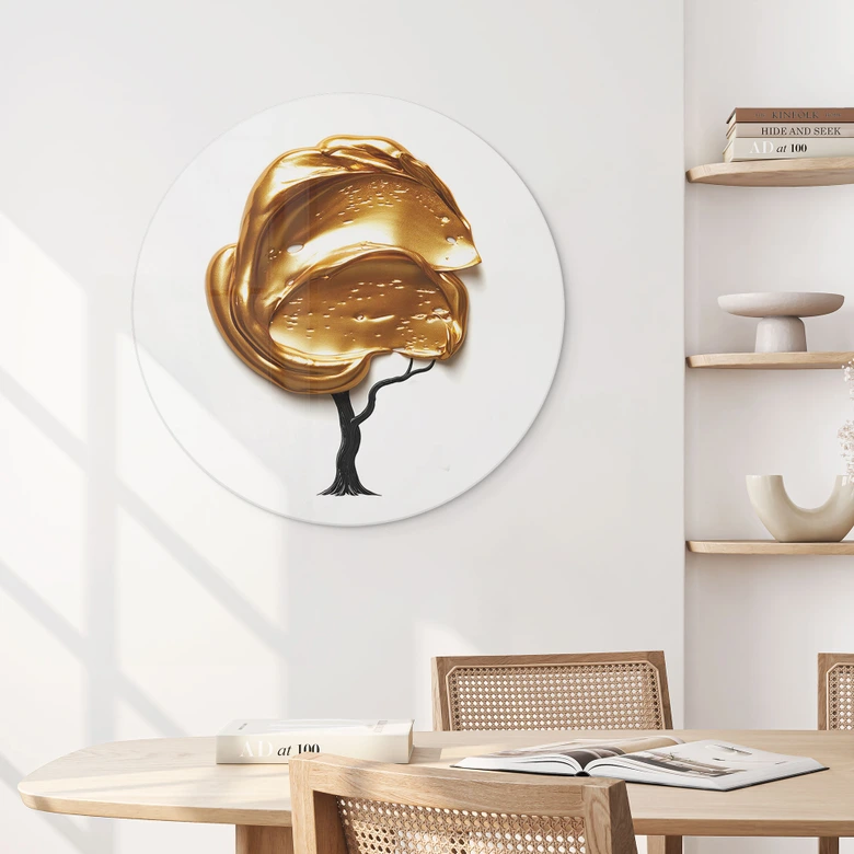 Tableau en verre Arbre avec couronne 3D dorée - Mielu - Rond 