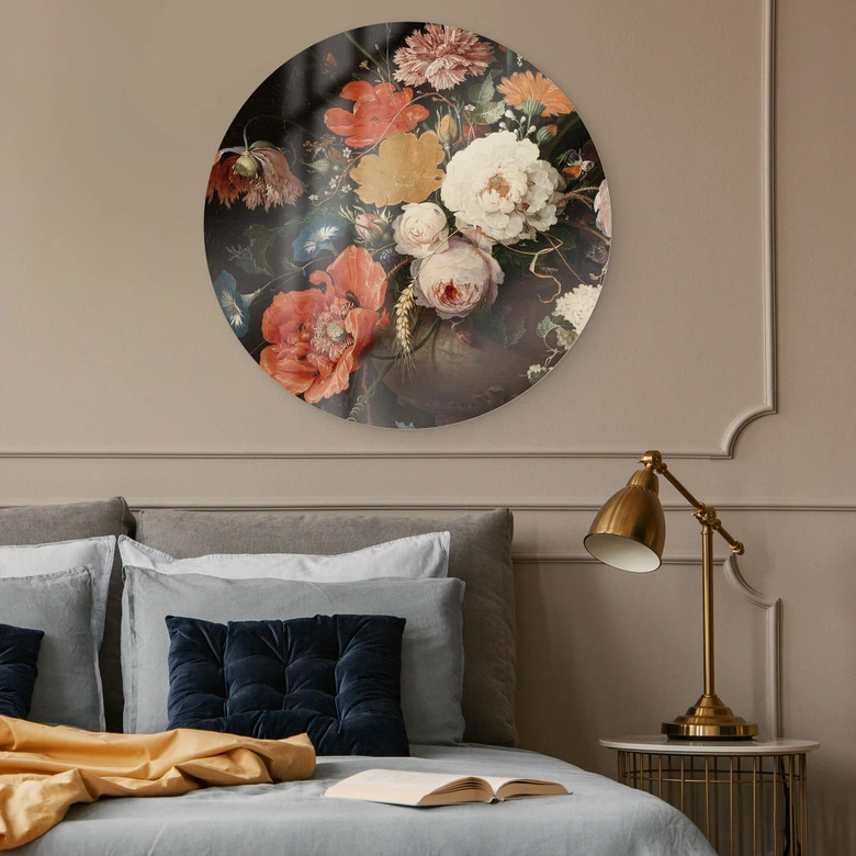 Glasbild Mignon - Stillleben mit Blumen und einer Uhr - Rund 