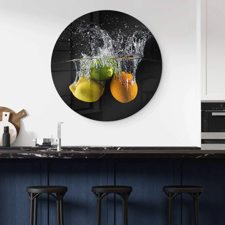 Glasbild Mogyorosi - Fruchtige Spritzer von Zitrusfrüchten - Rund 