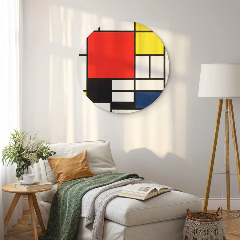 Glasbild Mondrian - Komposititon mit Rot Gelb Blau und Schwarz - Rund 