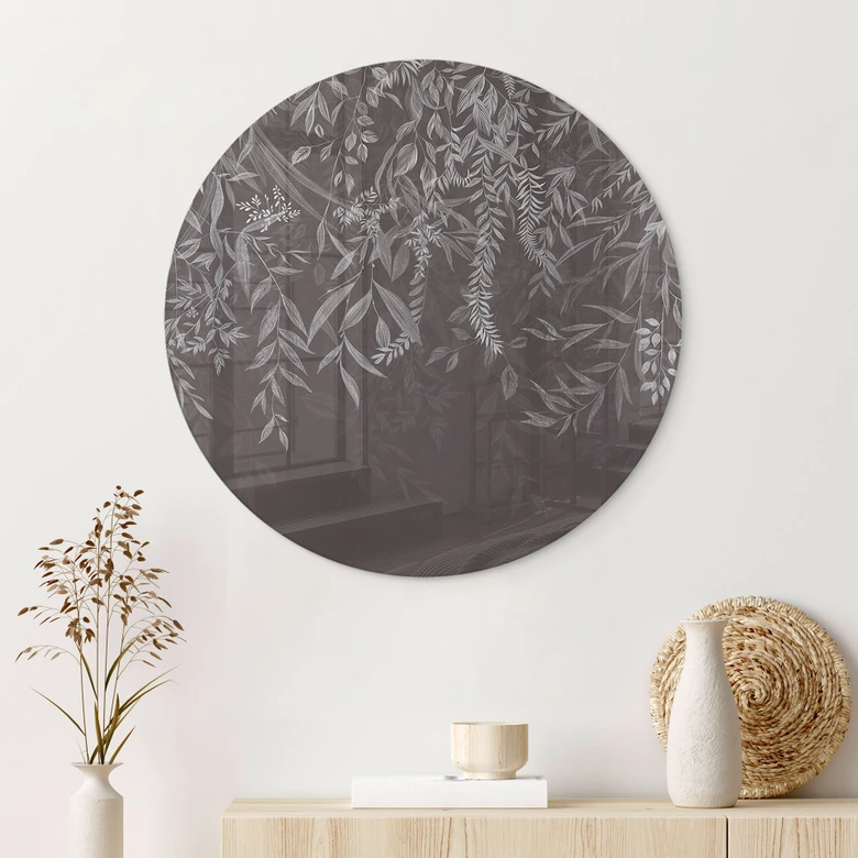 Glasbild Elegante Weidenzweige in Dunkelgrau - Ms Tiff - Rund 