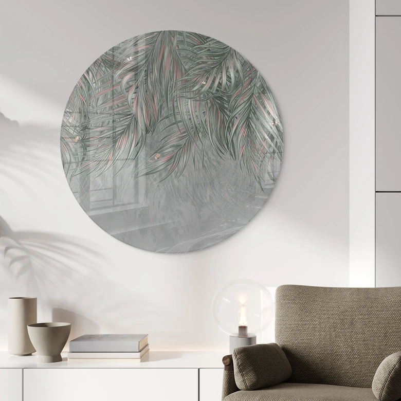 Glasbild Exotische Palmenblätter Pink-grün - Ms Tiff - Rund 