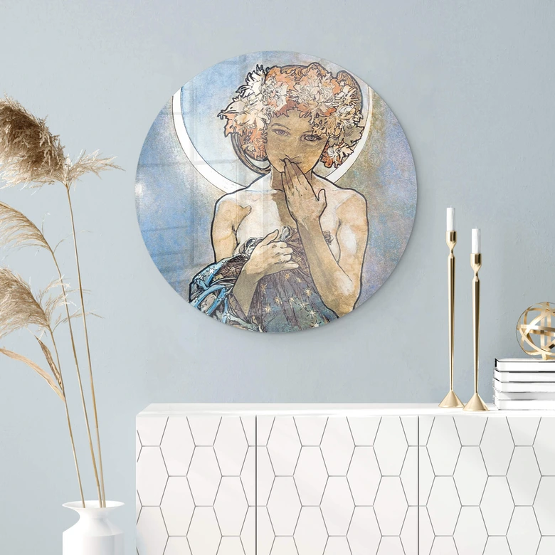 Glasbild Mucha - Sterne: Der Mond - Rund 