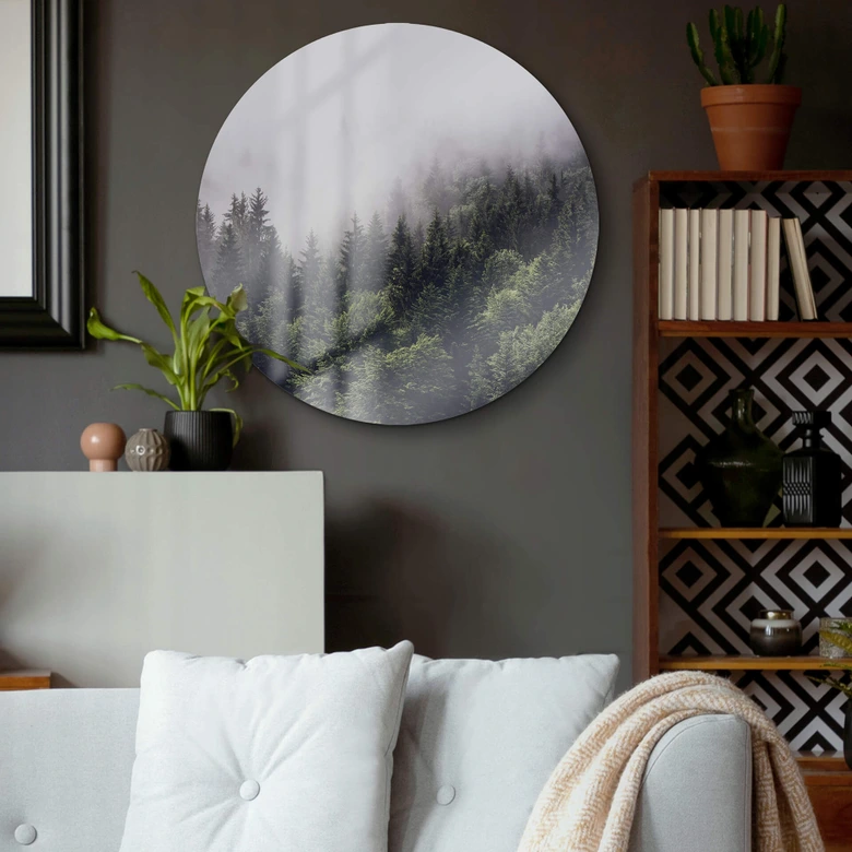 Glasbild Nebliger Wald - Rund 