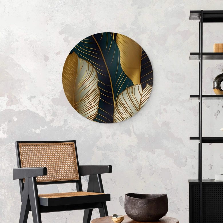 Glasbild Goldfarbene Palmenblätter Abstrakt - Rund 