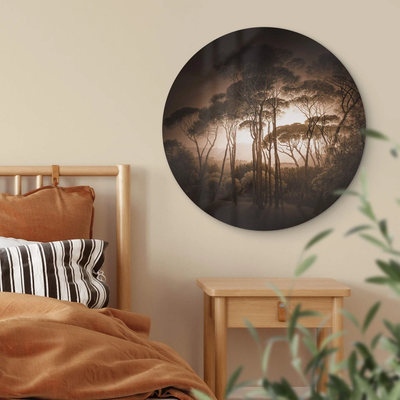 Glasbild Schirmkiefern mit Vignettierung Sepia - Rund 