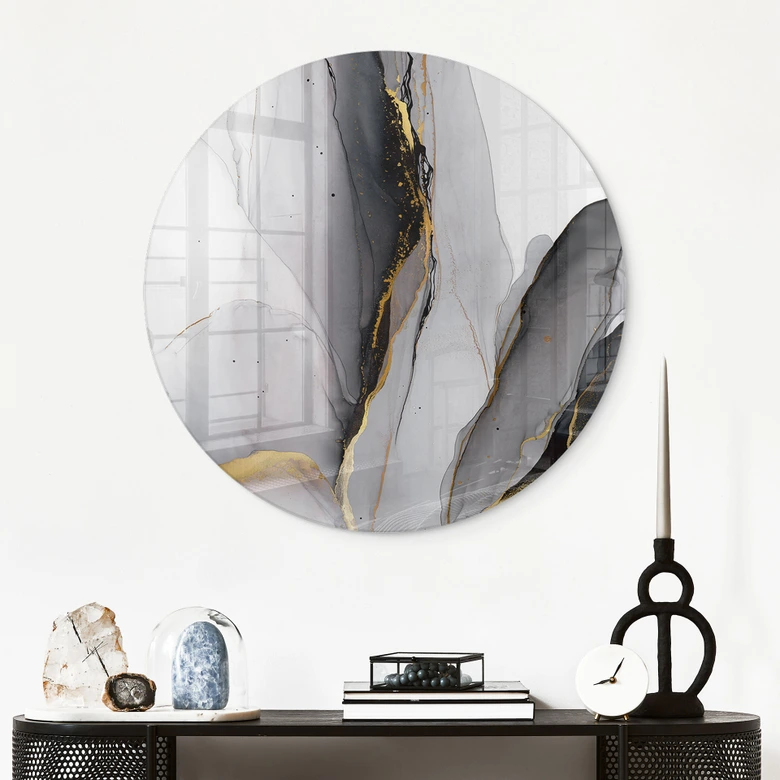 Glass Wall Art Abstract Composition in Gold and Gray - Shelest - Round 