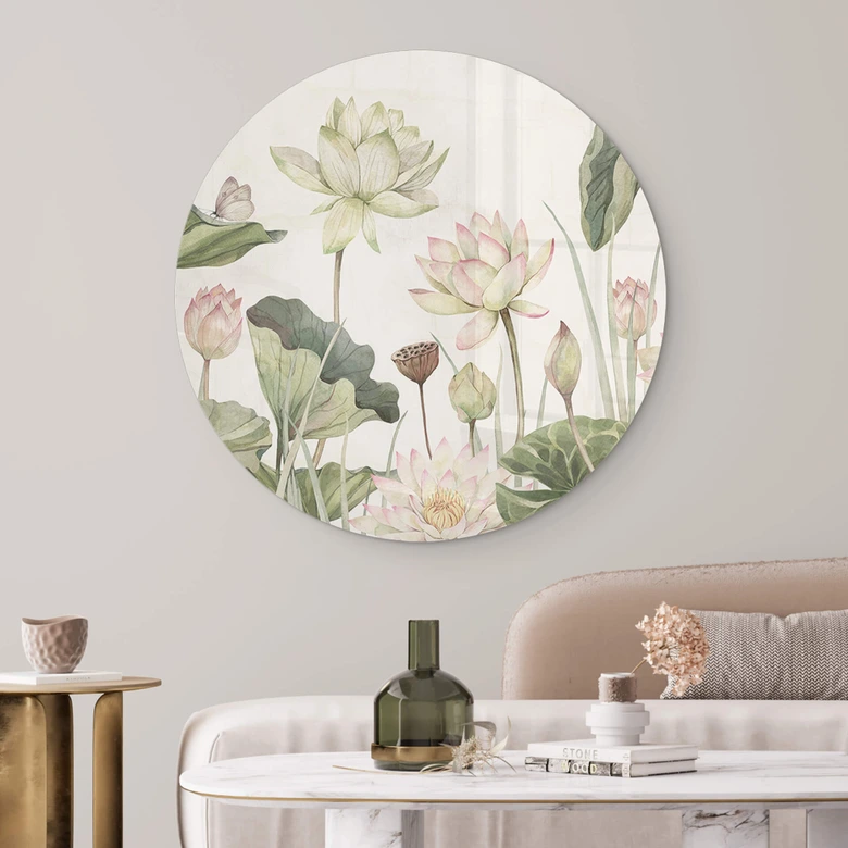 Glasbild Sir Edward - Seerosen Idyll in Pastell - Rund 