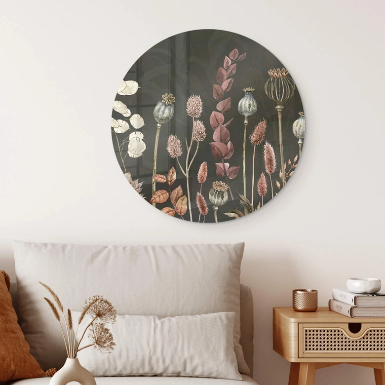 Glasbild Sir Edward - Trockenblumen Oliv - Rund 