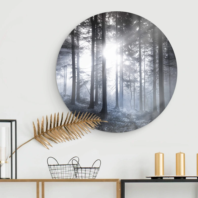 Glasbild Sonnenstrahlen im Wald Blau - Rund 
