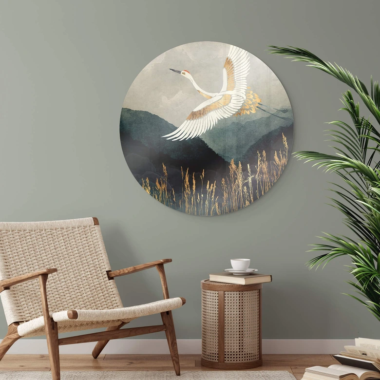 Glasschilderij Rond SpaceFrog Designs - Elegante Kraanvogel - Japandi 