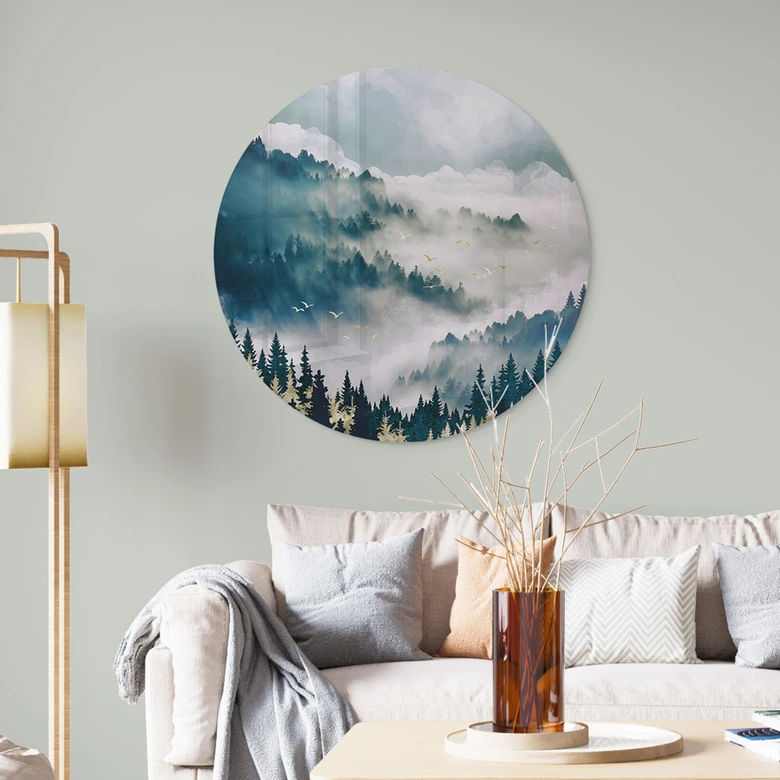 Glasbild Geheimnisvoller Nebel im Wald - SpaceFrog Designs - Rund 