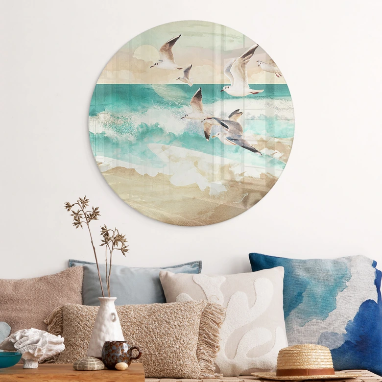 Glasbild Möwen am Strand - SpaceFrog Designs - Rund 