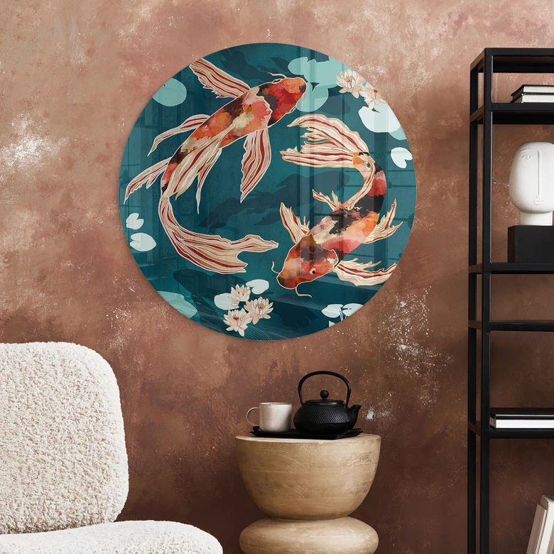 Glasbild Zwei Kois im Teich - SpaceFrog Designs - Rund 