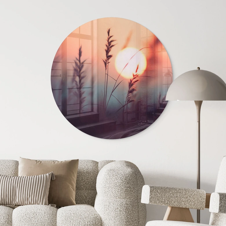 Glasbild Gräser im Licht der glühenden Sonne - Treechild - Rund 
