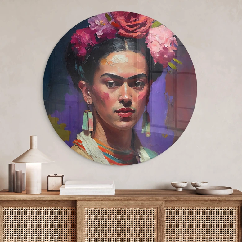 Glasbild Treechild - Portrait von Frida Kahlo - Rund 