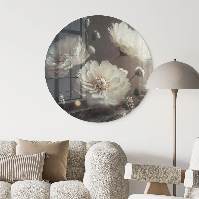 Tableau en verre Fleurs blanches avec poussière d'or - Treechild - Rond 