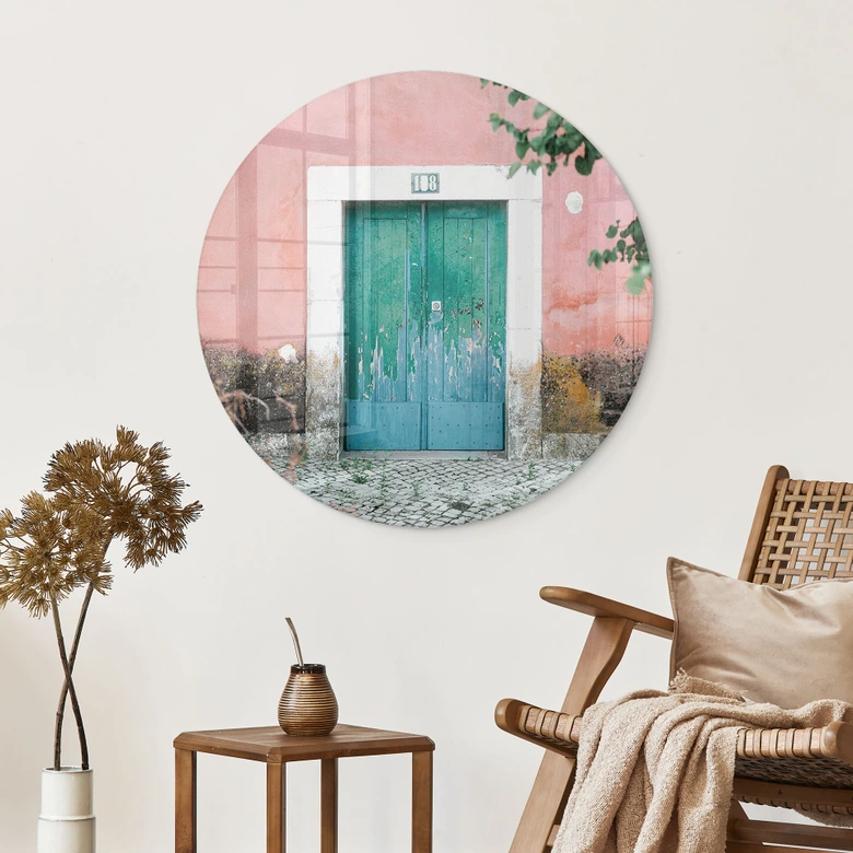 Tableau en verre Façade de maison méditerranéenne à Lisbonne - Zwart - Rond 