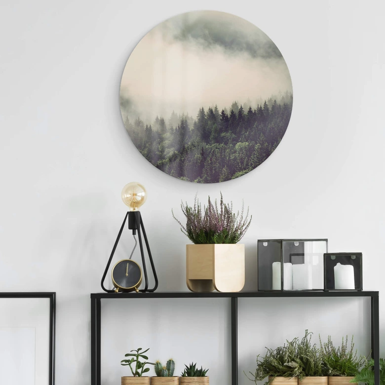 Glasbild Nebel im Wald 02 - Rund 