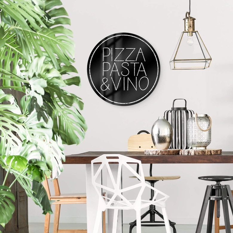 Glasschilderij Rond Pizza Pasta & Vino - zwart 