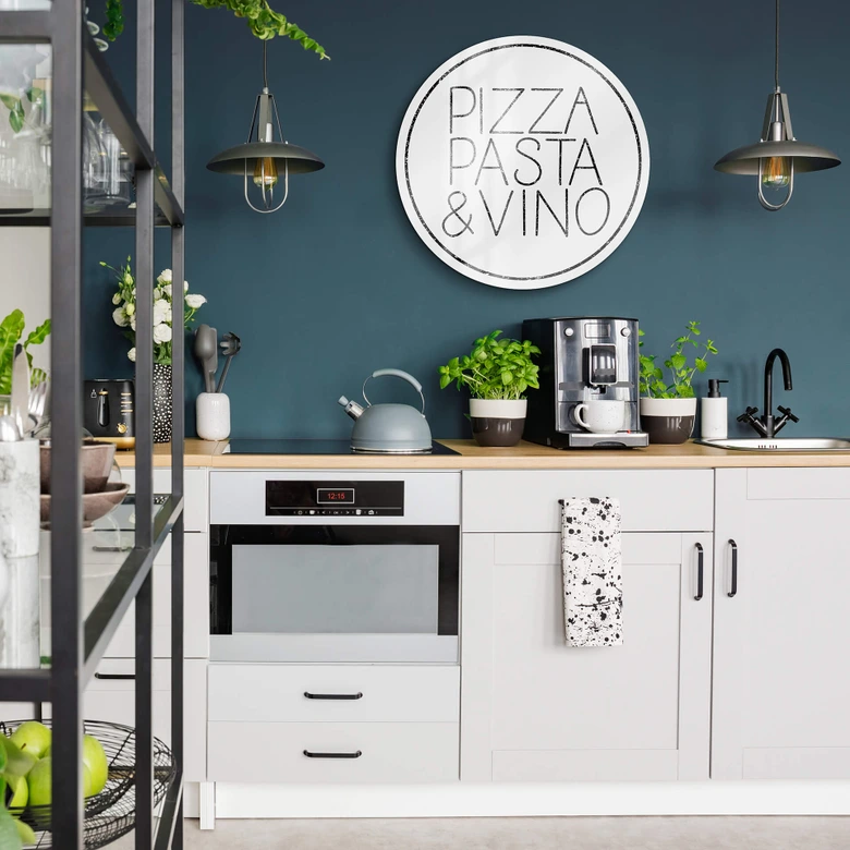 Glasbild Pizza Pasta & Vino weiß - Rund 